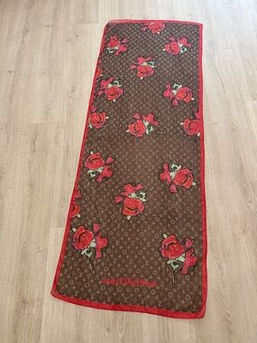 Louis Vuitton Brown and Red Monogram Rose Silk Scarf